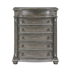 English Elm Eastern King Sleigh Bedroom Set Carved Wood Tufted Upholstered Gray Six Piece Suite B011S05590