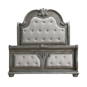 English Elm Eastern King Sleigh Bedroom Set Carved Wood Tufted Upholstered Gray Six Piece Suite B011S05590