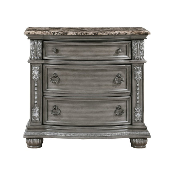 English Elm Eastern King Sleigh Bedroom Set Carved Wood Tufted Upholstered Gray Six Piece Suite B011S05590