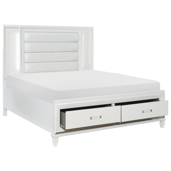 English Elm Queen Hollywood Regency Bedroom Set with LED Lighting Mirrored Trim and Faux Leather B011S05600