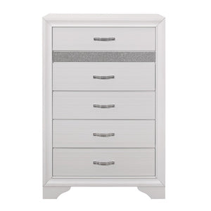 English Elm Queen Glam Bedroom Set Six Piece White Faux Wood Veneer with Silver Glitter Accents B011S05604