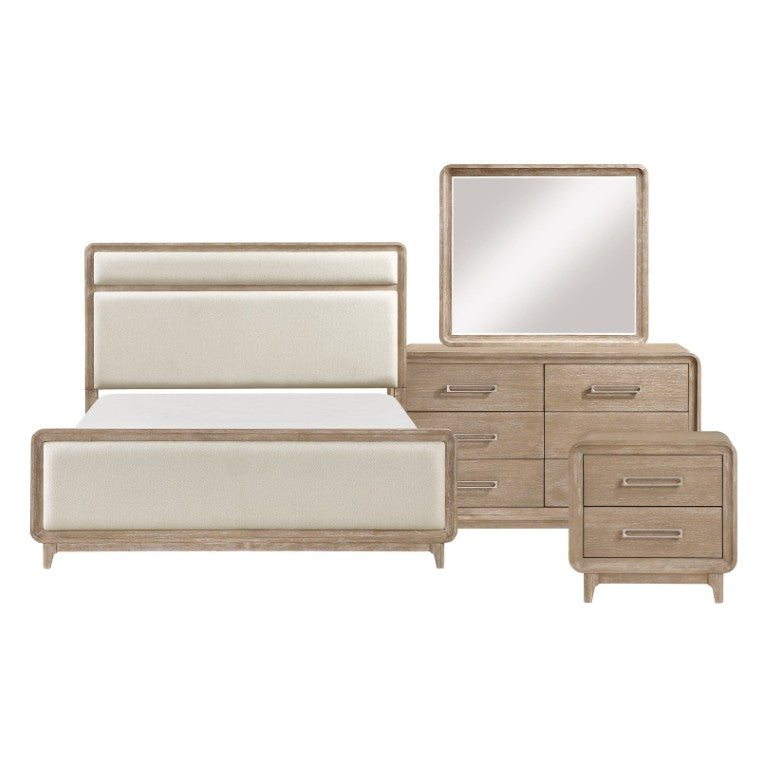 English Elm Queen Bedroom Set 5 Piece Oak Veneer with Chenille Upholstered Bed and 6 Drawer Dresser B011S05609