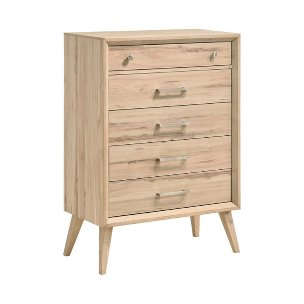 English Elm Queen Bedroom Set Six Piece Mid Century Modern Natural Oak Melamine with Brushed Nickel B011S05640
