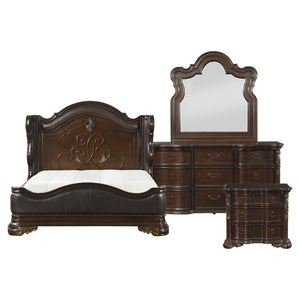 English Elm Eastern King Bedroom Set with Carved Scrollwork Faux Leather Headboard and Cherry Veneer B011S05661