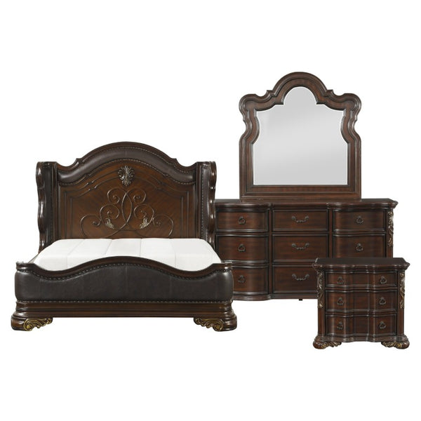 English Elm Queen Bedroom Set Five Piece Traditional Dark Cherry Carved Wood with Faux Leather B011S05665