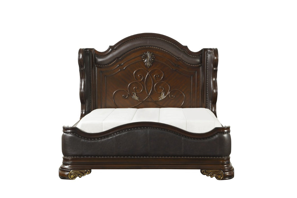 English Elm Queen Bedroom Set Five Piece Traditional Dark Cherry Carved Wood with Faux Leather B011S05665