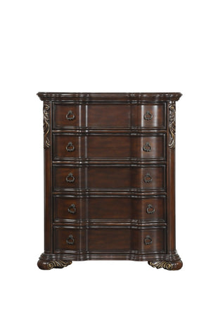 English Elm Queen Bedroom Set 6 Piece Traditional Cherry Veneer with Carved Scrollwork Nailhead Bed B011S05666