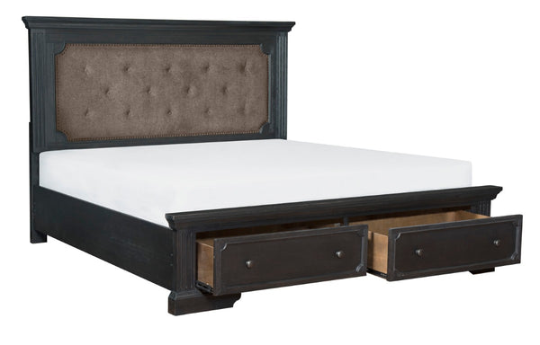 English Elm Eastern King Bedroom Set Wire Brushed Pine Charcoal Finish with Tufted Headboard B011S05684