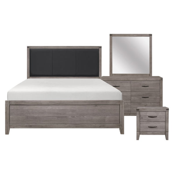 English Elm Queen Bedroom Set with Faux Leather Headboard Industrial Rivet Hardware Weathered Gray B011S05713