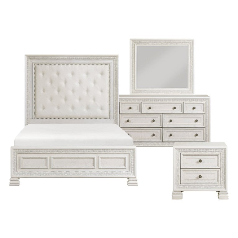 English Elm Queen Bedroom Set with Carved Molding Mansion Headboard in Pearl White Finish B011S05771