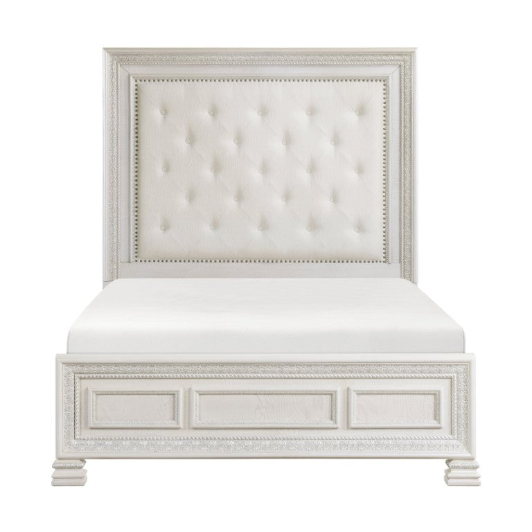 English Elm Queen Bedroom Set with Carved Molding Mansion Headboard in Pearl White Finish B011S05771