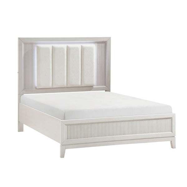English Elm Eastern King Six Piece Bedroom Set with LED Headboard Reeded Drawers Antique White B011S05791