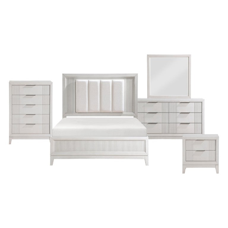 English Elm California King 6 Piece Bedroom Set Antique White Wood with LED Headboard B011S05793