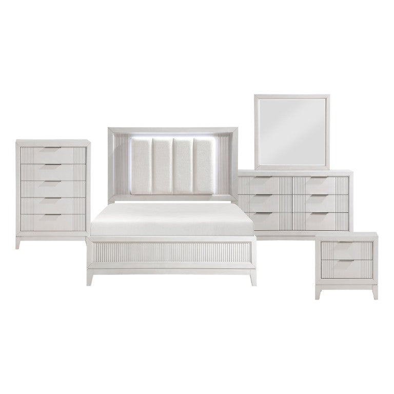 English Elm California King 6 Piece Bedroom Set Antique White Wood with LED Headboard B011S05793