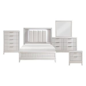 English Elm California King 6 Piece Bedroom Set Antique White Wood with LED Headboard B011S05793