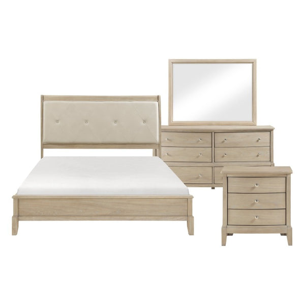 English Elm California King Bedroom Set Five Piece Tufted Faux Leather Beige Wood Suite B011S05804