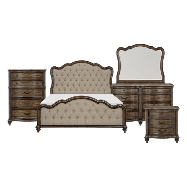 English Elm Queen Bedroom Set Six Piece Traditional Suite with Tufted Headboard and Oak Veneer B011S05837