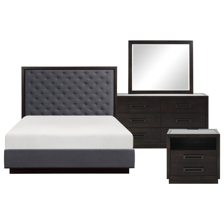 English Elm Queen Bedroom Set with Tufted Headboard Ash Veneer Dresser Mirror and LED Nightstands B011S05860