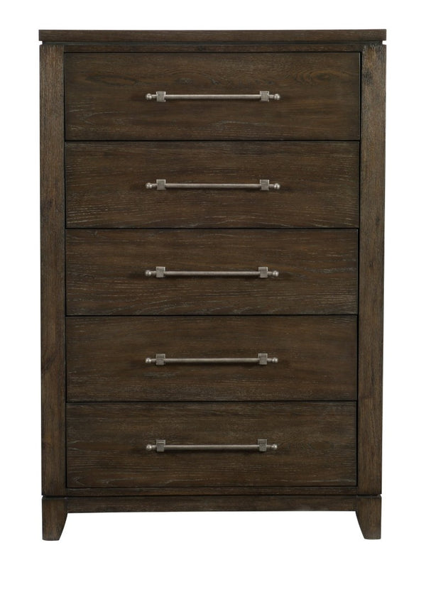English Elm California King 6 Piece Bedroom Set with X Frame Headboard and Dark Ash Veneer B011S05865