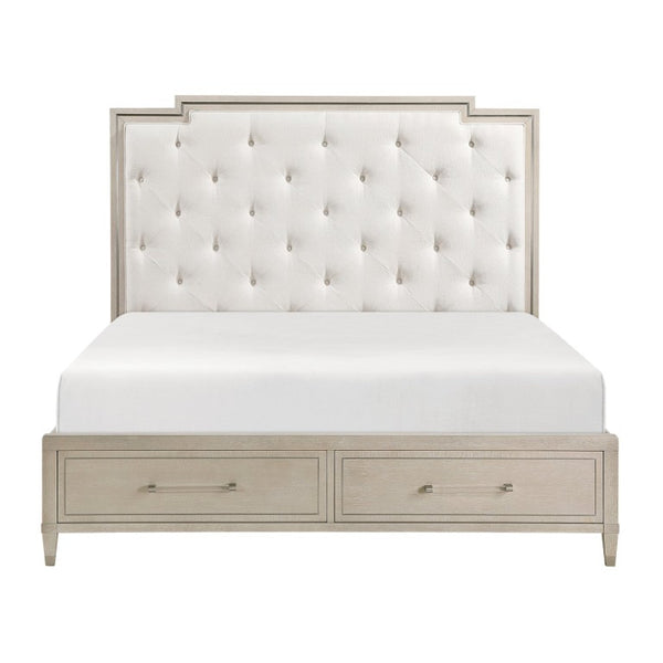 English Elm Queen Bedroom Set 5 Piece Oak Veneer with Tufted Headboard and Charging Nightstands B011S05890