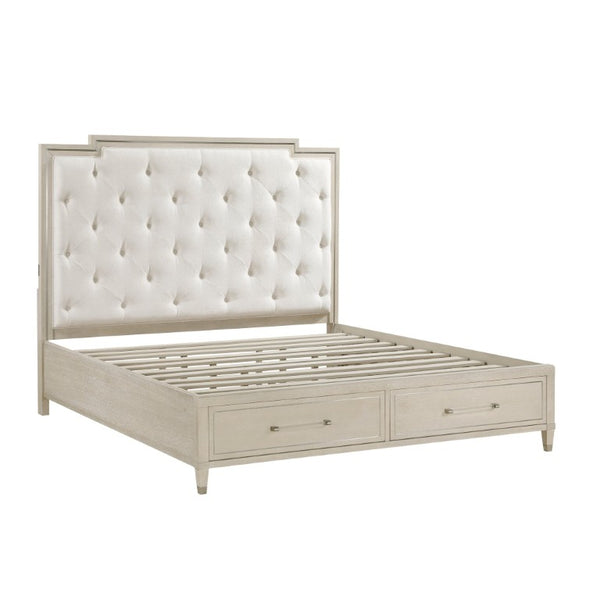 English Elm Queen Bedroom Set 5 Piece Oak Veneer with Tufted Headboard and Charging Nightstands B011S05890