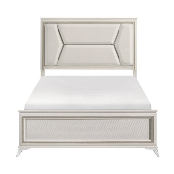 English Elm California King Bedroom Set with LED Headboard Chenille Upholstery and Gold Glam Finish B011S05894