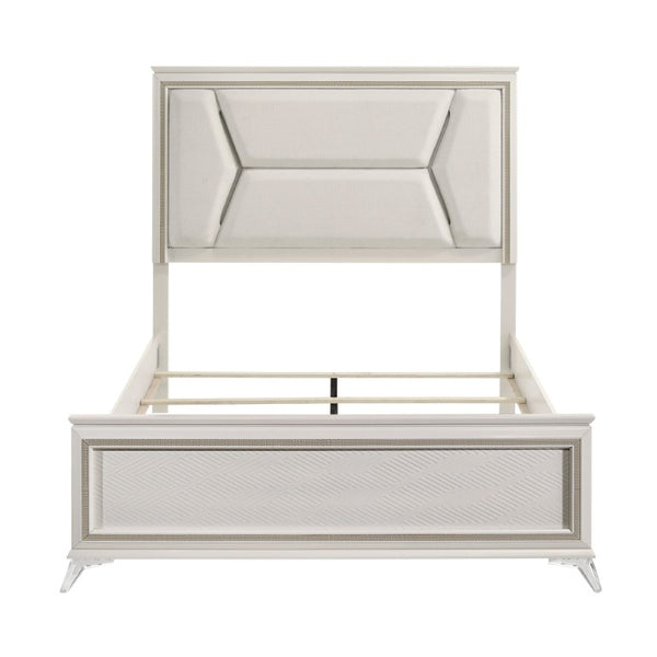 English Elm California King Bedroom Set with LED Headboard Chenille Upholstery and Gold Glam Finish B011S05894