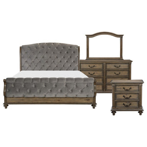 English Elm Queen Sleigh Bed Set Knotty Pecan Veneer Velvet Tufted Headboard 5 Piece Suite B011S05904