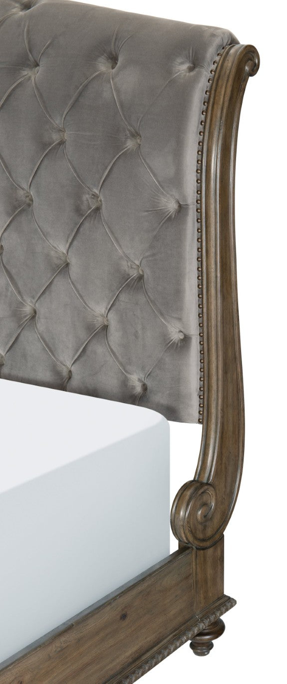 English Elm Queen Sleigh Bed Set Knotty Pecan Veneer Velvet Tufted Headboard 5 Piece Suite B011S05904