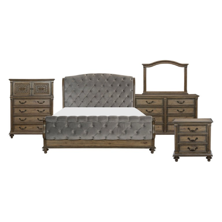 English Elm Queen Sleigh Bed Six Piece Bedroom Set Velvet Tufted Pecan Wood Traditional Suite B011S05905