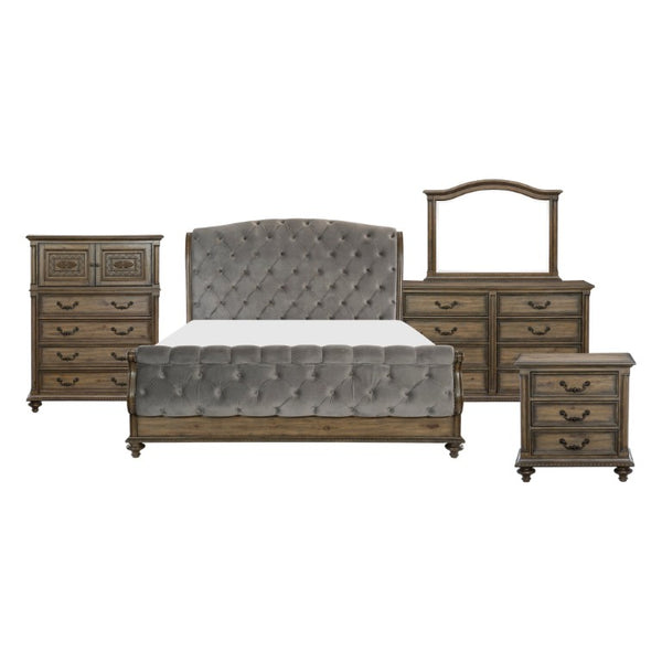 English Elm Queen Sleigh Bed Six Piece Bedroom Set Velvet Tufted Pecan Wood Traditional Suite B011S05905