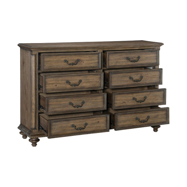 English Elm Queen Sleigh Bed Six Piece Bedroom Set Velvet Tufted Pecan Wood Traditional Suite B011S05905