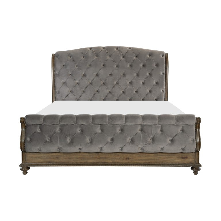 English Elm Queen Sleigh Bed Six Piece Bedroom Set Velvet Tufted Pecan Wood Traditional Suite B011S05905
