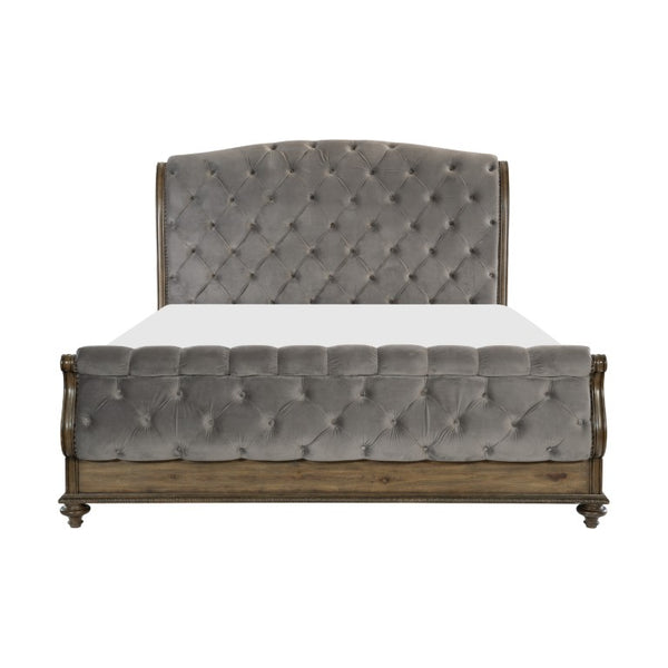 English Elm Queen Sleigh Bed Six Piece Bedroom Set Velvet Tufted Pecan Wood Traditional Suite B011S05905