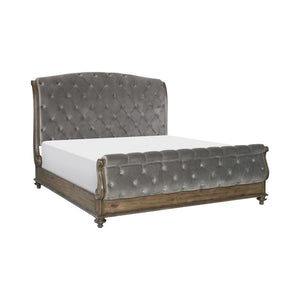 English Elm Queen Sleigh Bed Six Piece Bedroom Set Velvet Tufted Pecan Wood Traditional Suite B011S05905