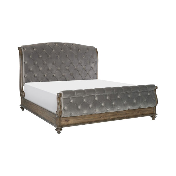 English Elm Queen Sleigh Bed Six Piece Bedroom Set Velvet Tufted Pecan Wood Traditional Suite B011S05905