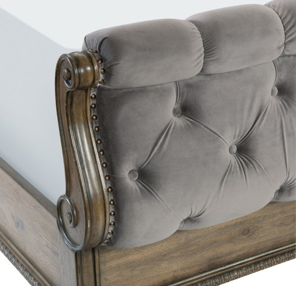 English Elm Queen Sleigh Bed Six Piece Bedroom Set Velvet Tufted Pecan Wood Traditional Suite B011S05905