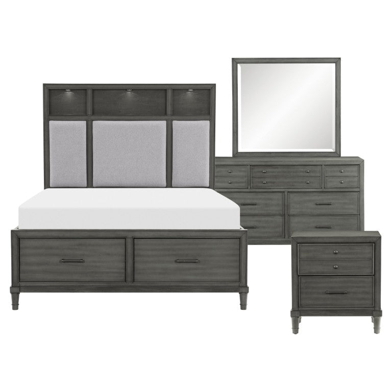 English Elm California King 5 Piece Bedroom Set Pebble Gray Veneer with LED Shelves and USB Ports B011S05924