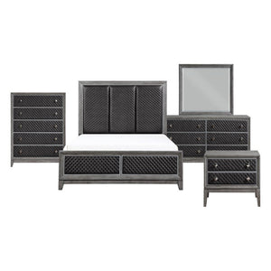 English Elm California King 6 Piece Bedroom Set Faux Leather Diamond Panels Gray Birch Veneer B011S05931