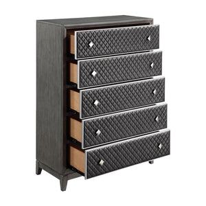 English Elm California King 6 Piece Bedroom Set Faux Leather Diamond Panels Gray Birch Veneer B011S05931