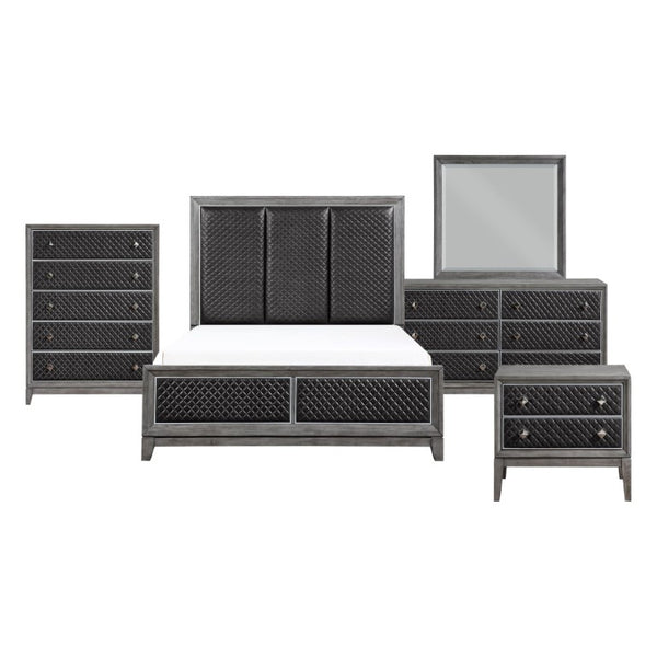English Elm Queen Bedroom Set Six Piece Diamond Faux Leather Birch Veneer Gray Modern Suite B011S05933