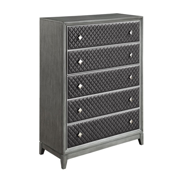 English Elm Queen Bedroom Set Six Piece Diamond Faux Leather Birch Veneer Gray Modern Suite B011S05933