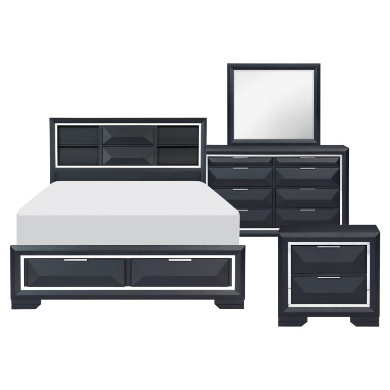 English Elm Queen Bedroom Set Five Piece Lacquer Suite with Bookcase Headboard and Chrome Trim B011S05938