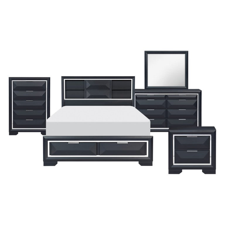English Elm Queen Bed Set 6 Piece Midnight Blue Lacquer Bedroom with Chrome Accents Storage B011S05939