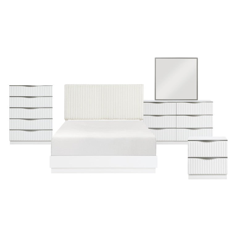 English Elm California King Bedroom Set Faux Fur Glam Headboard Pearl White Six Piece Suite B011S05978