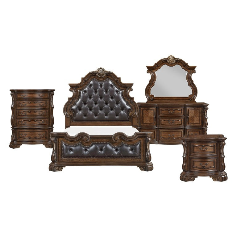 English Elm Queen Bedroom Set Six Piece Traditional Suite with Carved Wood and Gold Accents B011S05998
