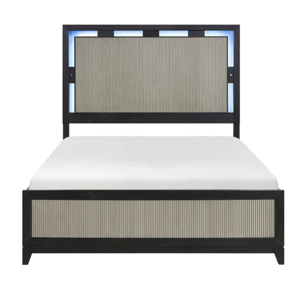 English Elm Queen Bedroom Set 5 Piece Solid Wood LED Headboard Reeded Panel Charcoal Gray B011S06003