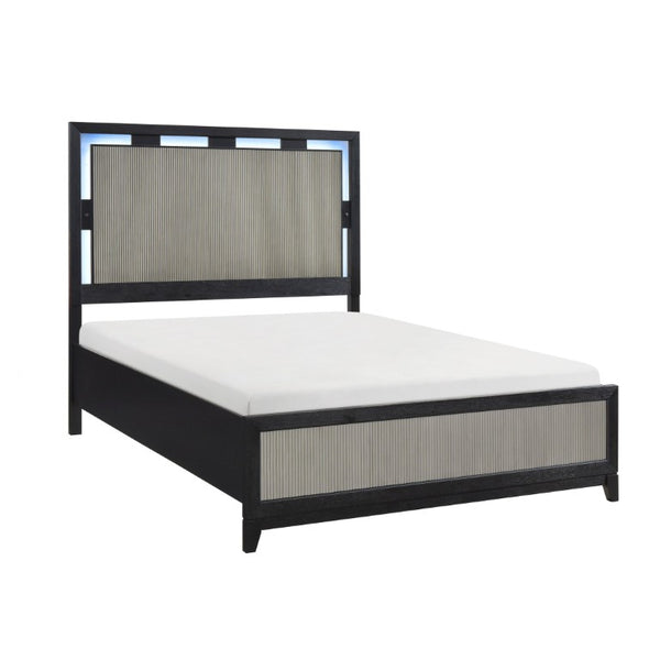 English Elm Queen Bedroom Set 5 Piece Solid Wood LED Headboard Reeded Panel Charcoal Gray B011S06003