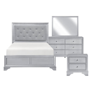 English Elm Queen Glam Bedroom Set Five Piece Silver Finish with LED Tufted Headboard and Storage B011S06009