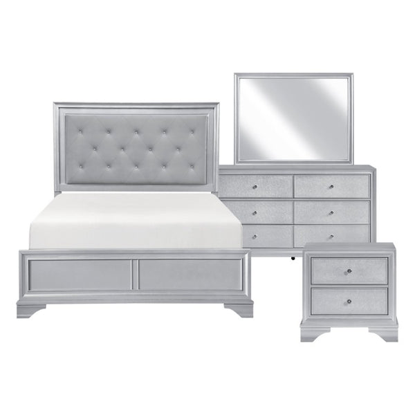 English Elm Queen Glam Bedroom Set Five Piece Silver Finish with LED Tufted Headboard and Storage B011S06009